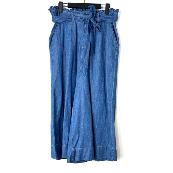 Hannah Womens Size M Wide Leg Pants Tie Belt Chambray Blue Pull On Ankle R - Picture 3 of 12